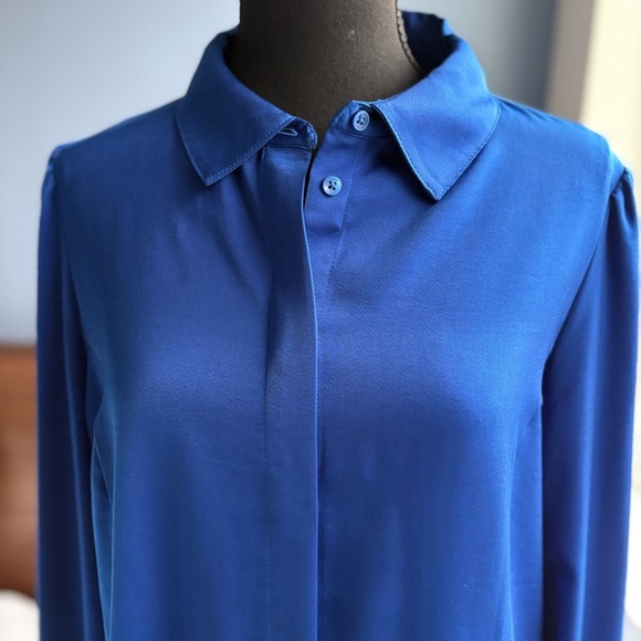 DKNY Blue Satin Button Down Hidden Button Long Sleeve Shirt - Office Siren - Picture 4 of 17
